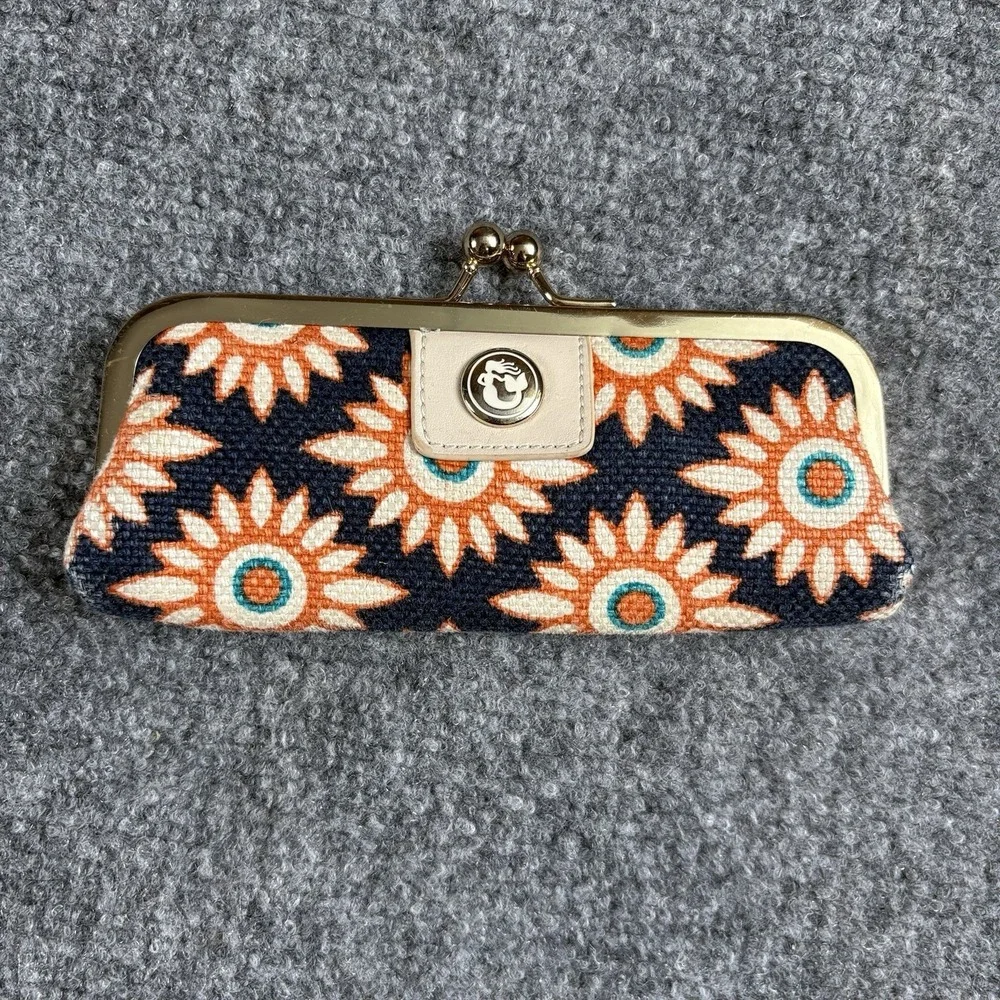 Spartina 449 Eyeglass Case Floral Linen Leather Clamshell Kiss Lock Navy Orange